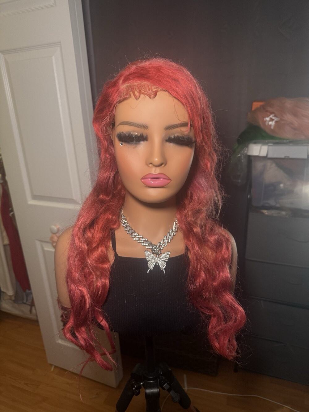 Red Human Hair Blend Wig Pre-Customized Baby Hairs Lace Front